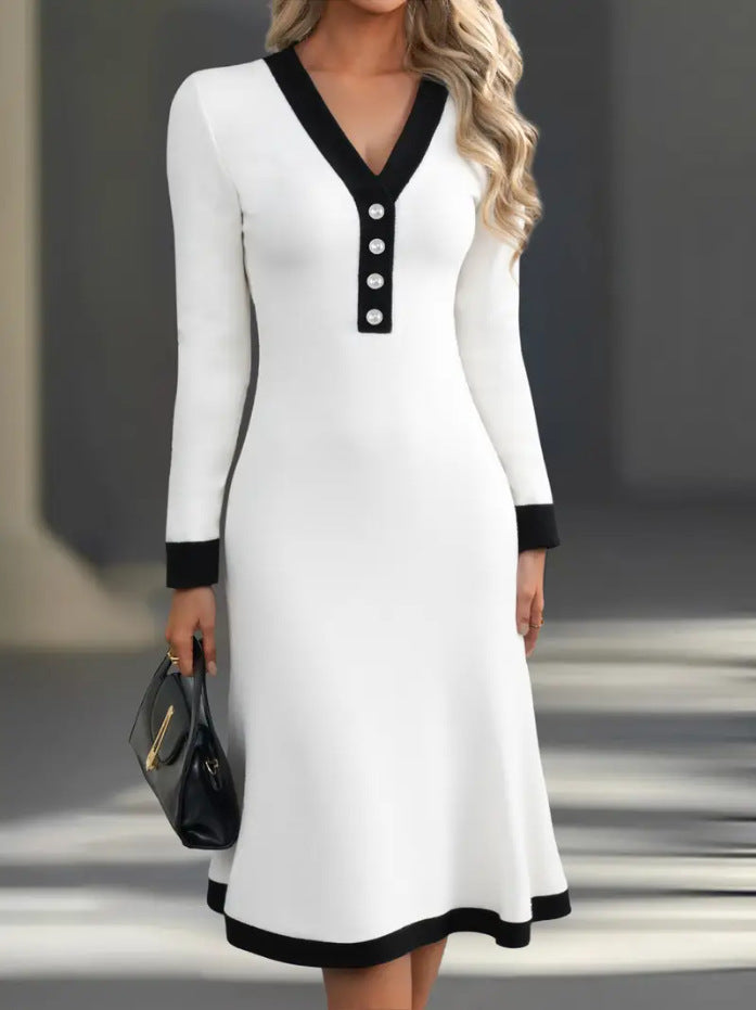 Vestido midi elegante com decote em V e blocos de cor para o dia a dia