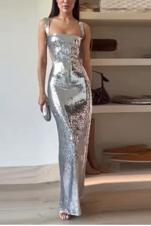 Vestido Maxi Sem Mangas com Alças e Paetês