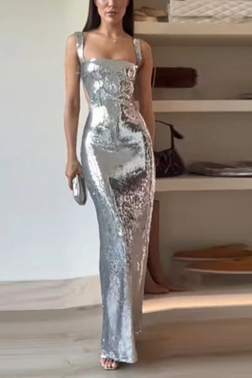 Vestido Maxi Sem Mangas com Alças e Paetês