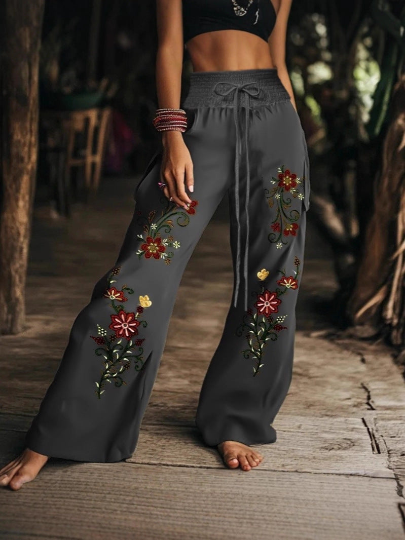 Calças casuais femininas com estampado floral
