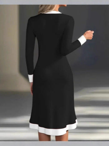 Vestido midi elegante com decote em V e blocos de cor para o dia a dia