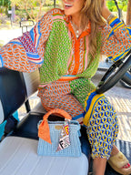 Calças Bloomers Largas com Impressão Única Colorida e Cintura Elástica com Bolsos