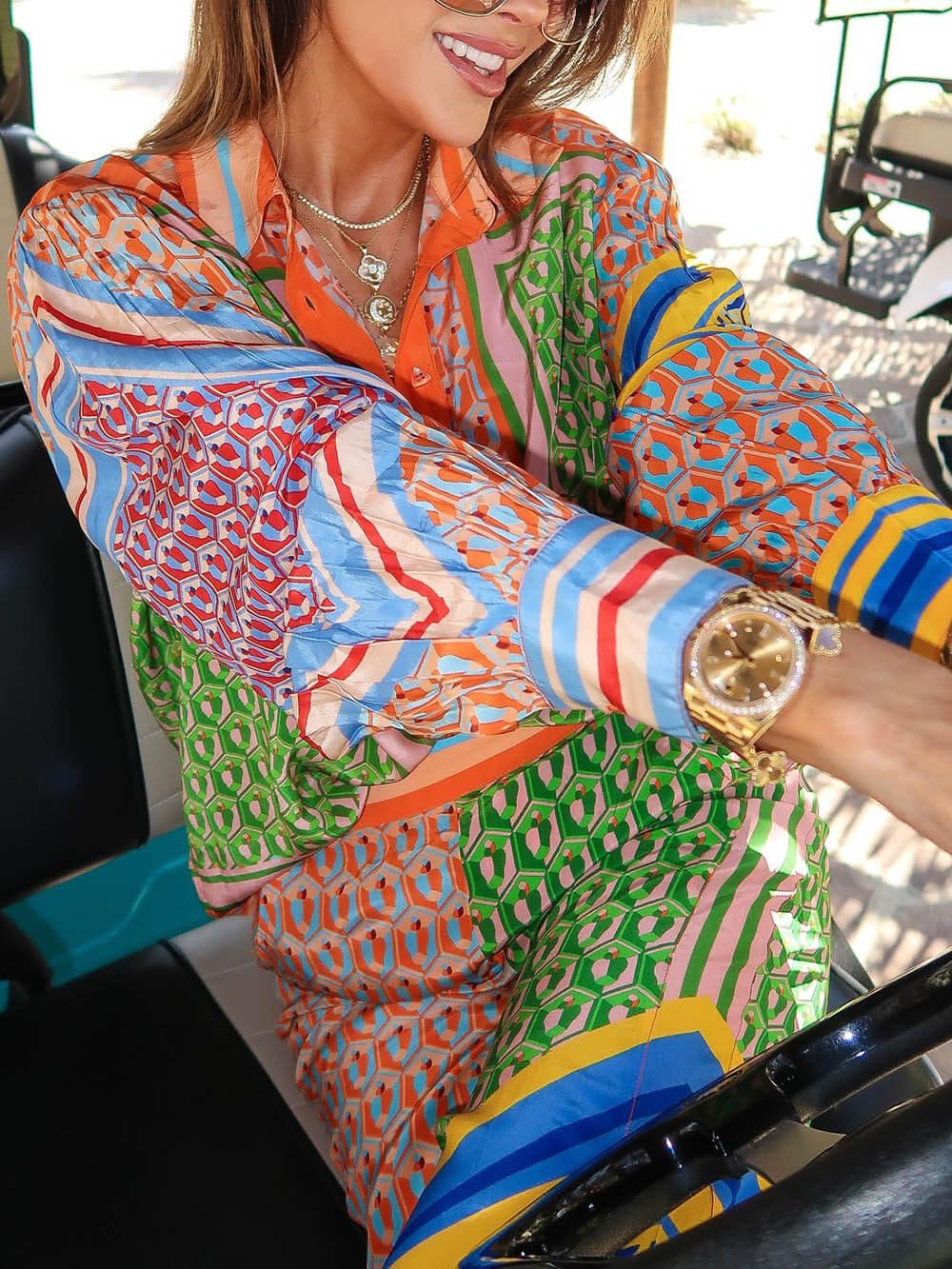 Calças Bloomers Largas com Impressão Única Colorida e Cintura Elástica com Bolsos