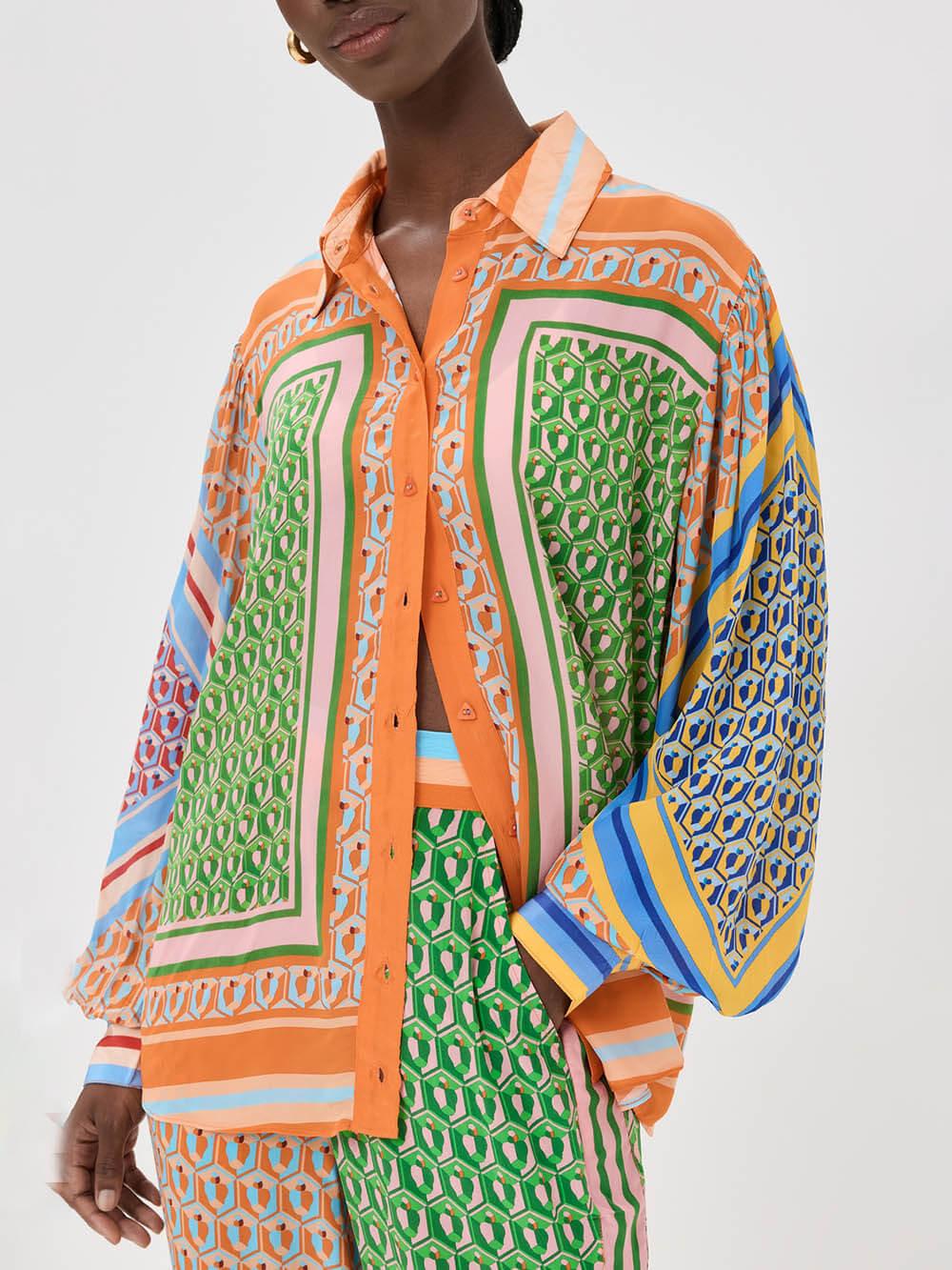 Calças Bloomers Largas com Impressão Única Colorida e Cintura Elástica com Bolsos