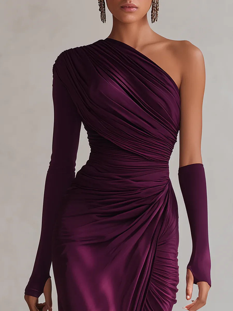 Elegante vestido maxi roxo sexy de um ombro