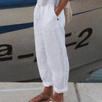 Calças Casuais de Linho e Algodão em Cores Sólidas