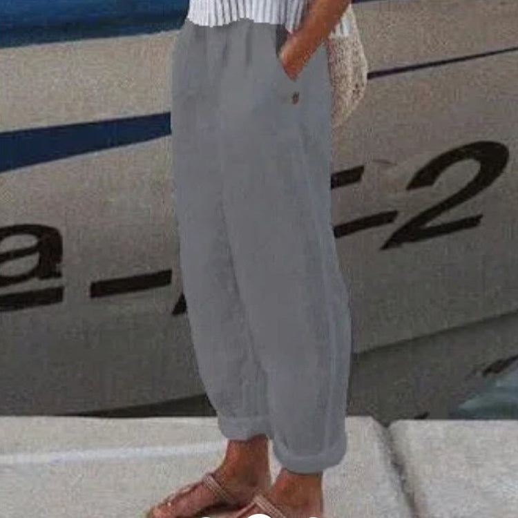 Calças Casuais de Linho e Algodão em Cores Sólidas