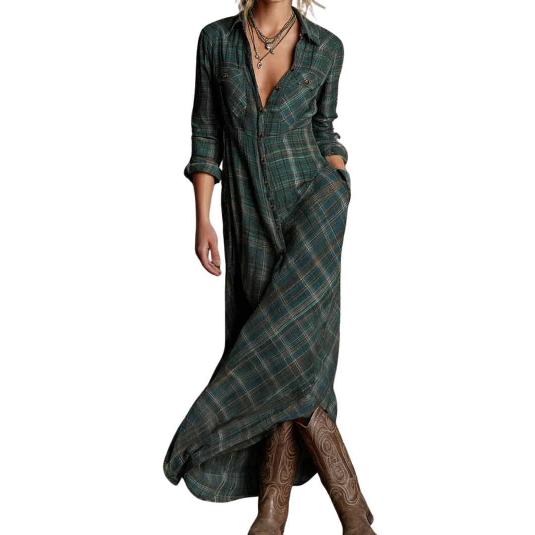 Jole™ - Vestido longo com lapela xadrez verde