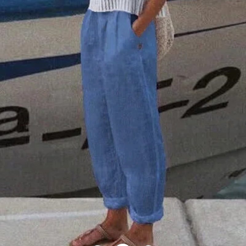 Calças Casuais de Linho e Algodão em Cores Sólidas