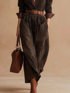 Vestido colarinho em patchwork de camurça castanho escuro retro (Inclui cinto)