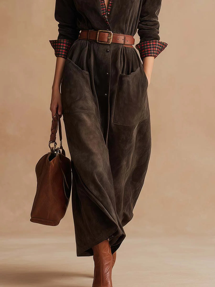 Vestido colarinho em patchwork de camurça castanho escuro retro (Inclui cinto)