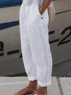 Calças Casuais de Linho e Algodão em Cores Sólidas