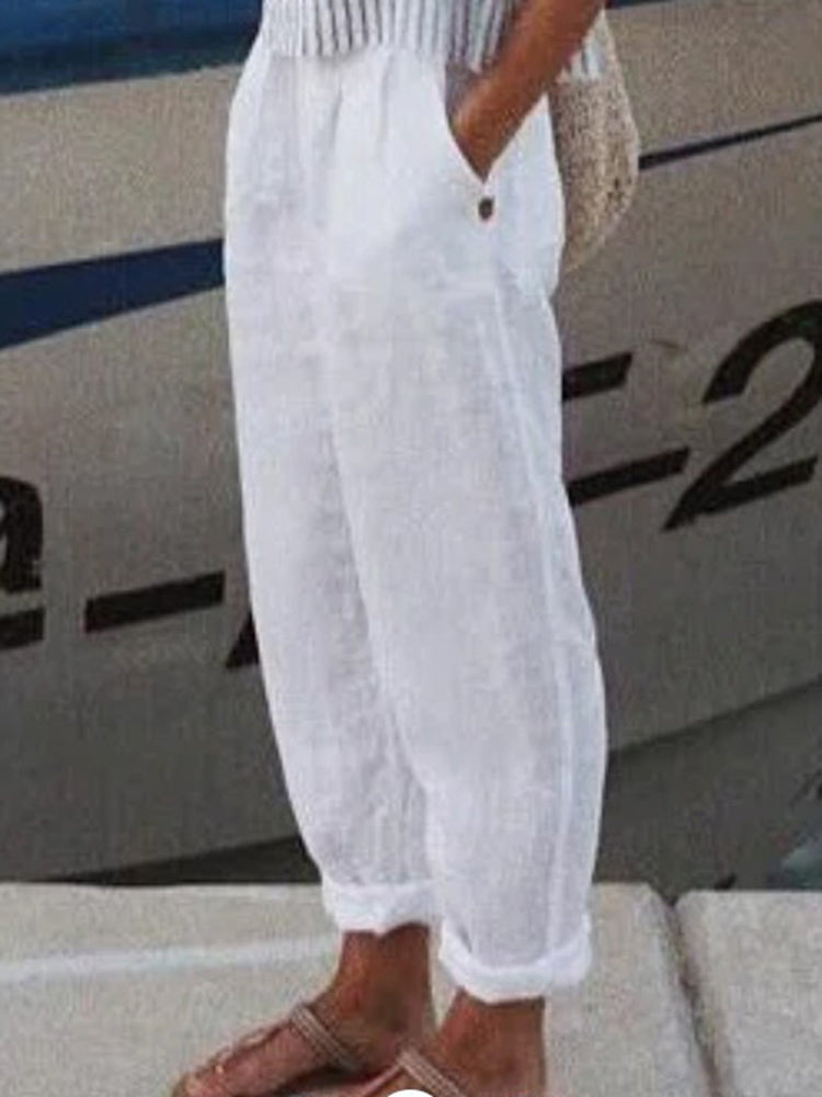 Calças Casuais de Linho e Algodão em Cores Sólidas