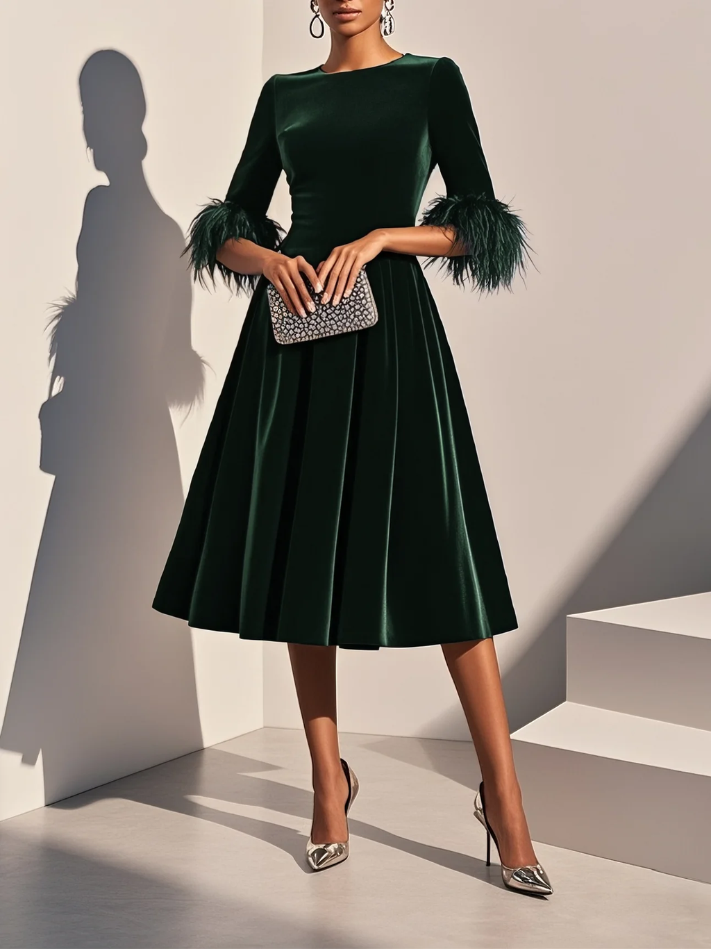 Vestido Midi A-line de Veludo com Decote Redondo e Mangas Curtas com Apliques de Penas em Azul Escuro