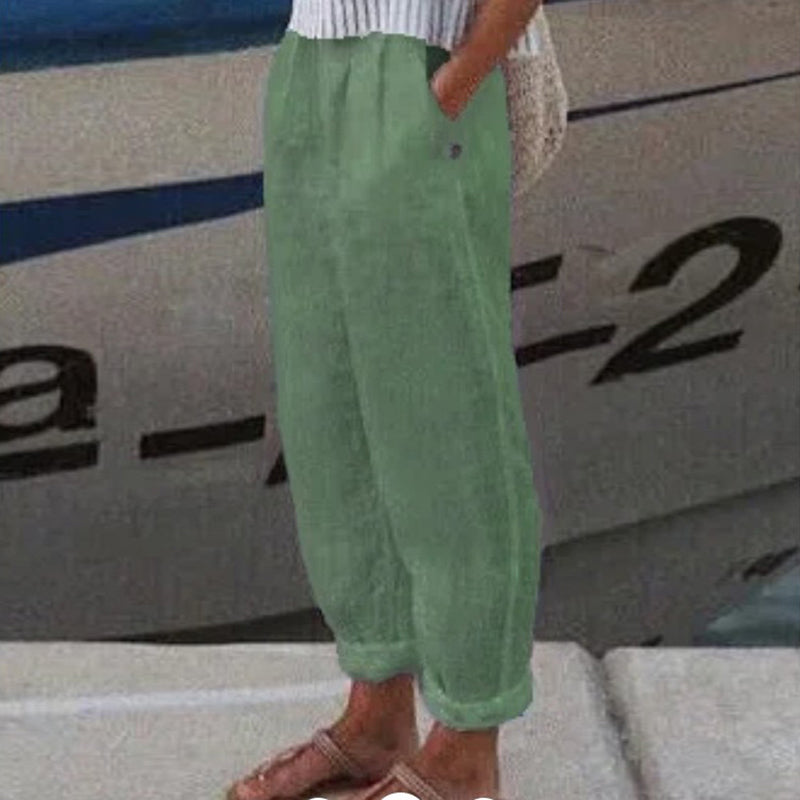 Calças Casuais de Linho e Algodão em Cores Sólidas