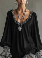 Vestido Mini Loose de Camurça Sintética Preto com Rendas