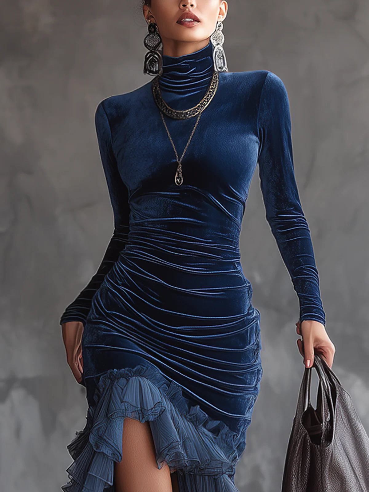 Vestido maxi plissado de veludo azul escuro com babados