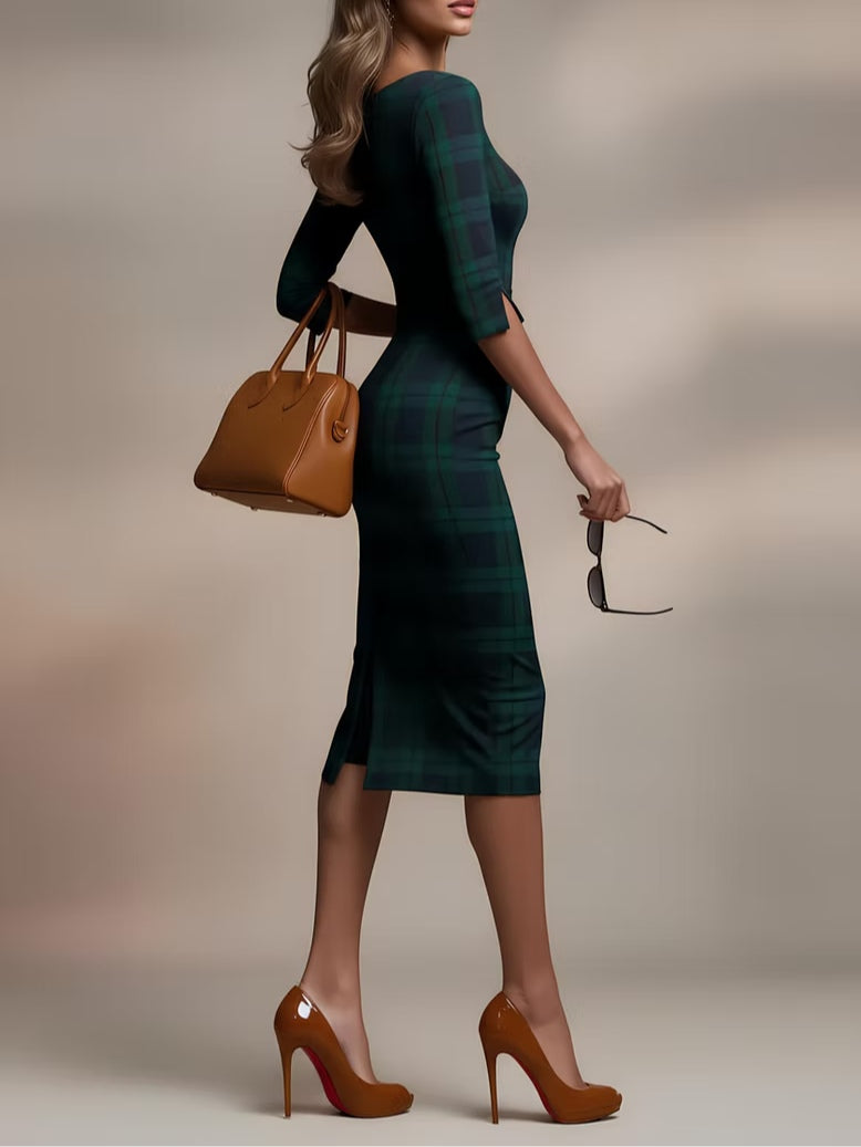 Vestido midi clássico de manga três quartos em padrão xadrez