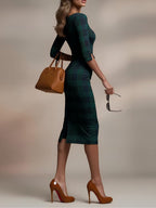 Vestido midi clássico de manga três quartos em padrão xadrez