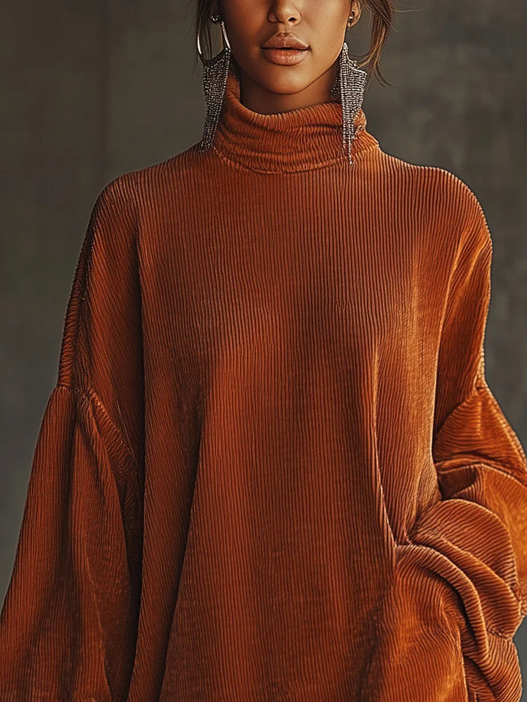 Vestido laranja de veludo cotelê com bainha solta e colarinho alto