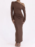 Vestido justo sexy de manga longa com franzidos e ombro único