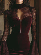 Vestido Mini Bodycon de Veludo e Renda em Borgonha