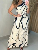 Vestido maxi off-shoulder com padrão abstrato