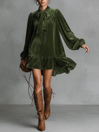 Vestido Mini de Veludo Largo com Decote de Laço