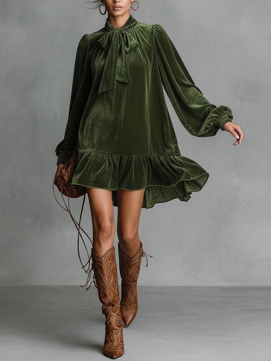 Vestido Mini de Veludo Largo com Decote de Laço