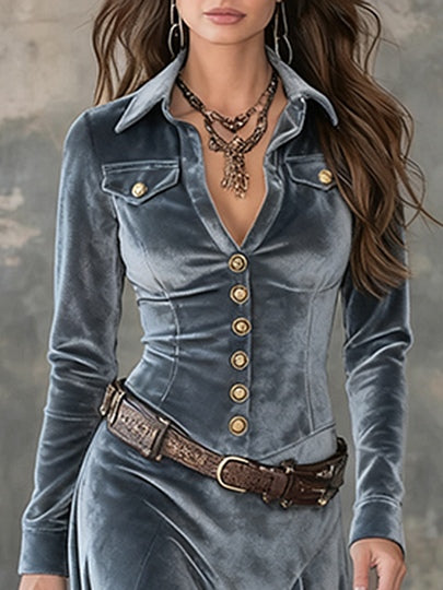 Vestido Maxi de Veludo Cinza com Lapela e Botões Metálicos (com cinto)