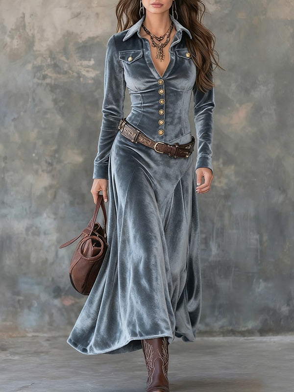 Vestido Maxi de Veludo Cinza com Lapela e Botões Metálicos (com cinto)