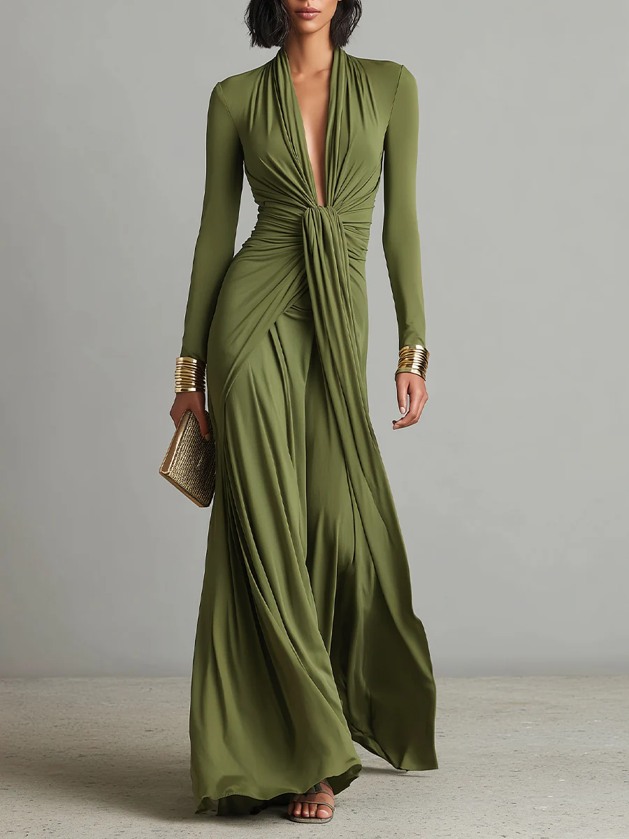 Vestido Maxi Glamouroso Verde Oliva com Decote em V Profundo e Pregas