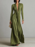 Vestido Maxi Glamouroso Verde Oliva com Decote em V Profundo e Pregas