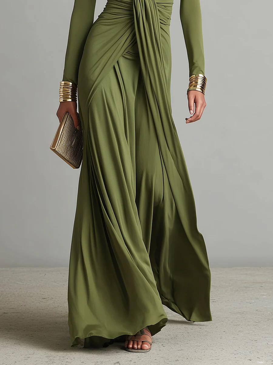 Vestido Maxi Glamouroso Verde Oliva com Decote em V Profundo e Pregas