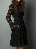 Vestido Mini em Camadas Transparente com Franja Preta