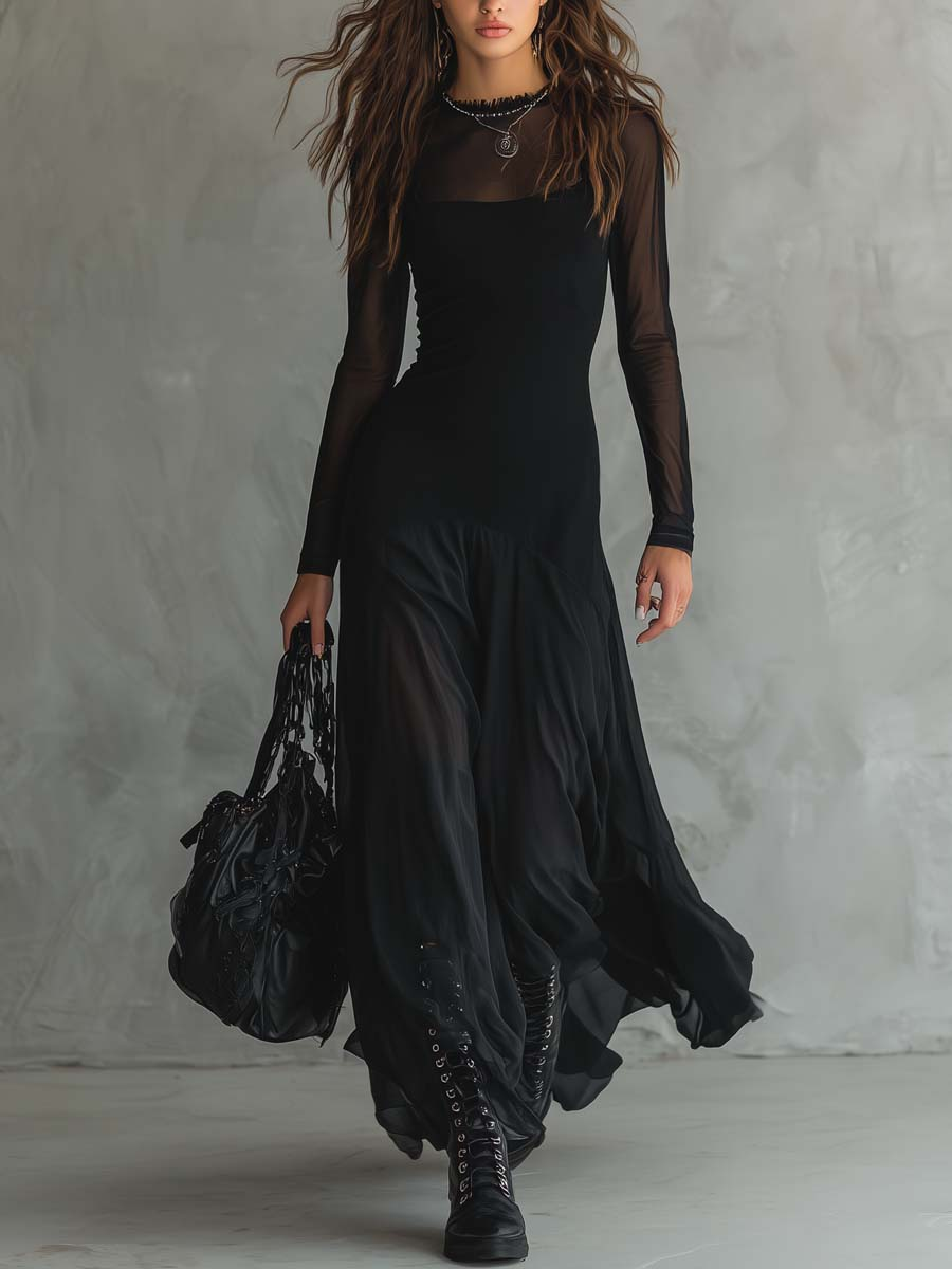 Vestido Maxi Larguinho em Tule Preto