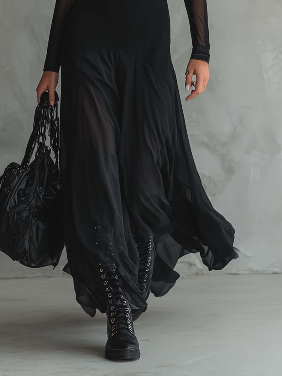 Vestido Maxi Larguinho em Tule Preto