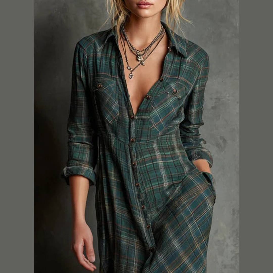 Jole™ - Vestido longo com lapela xadrez verde