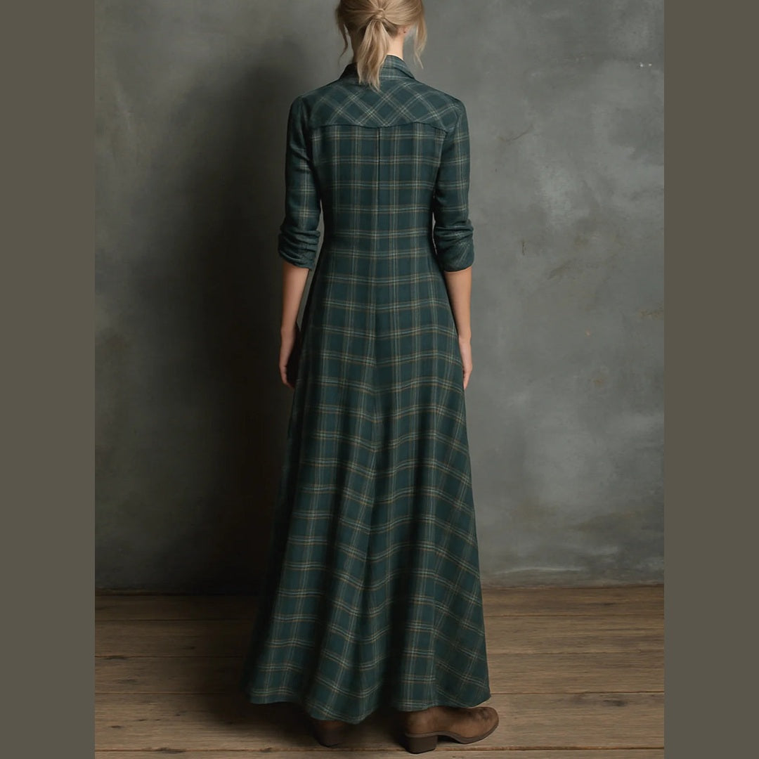 Jole™ - Vestido longo com lapela xadrez verde