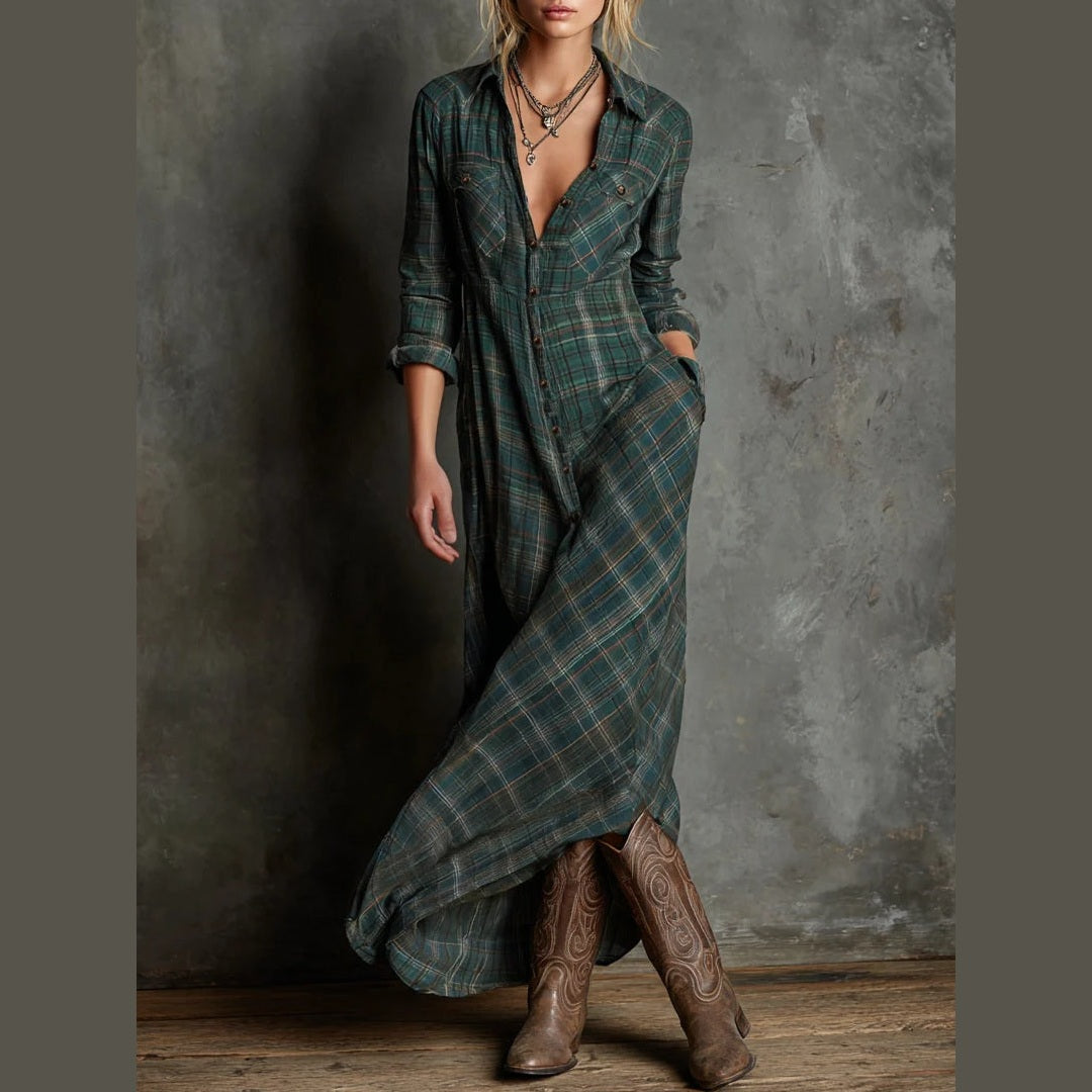 Jole™ - Vestido longo com lapela xadrez verde