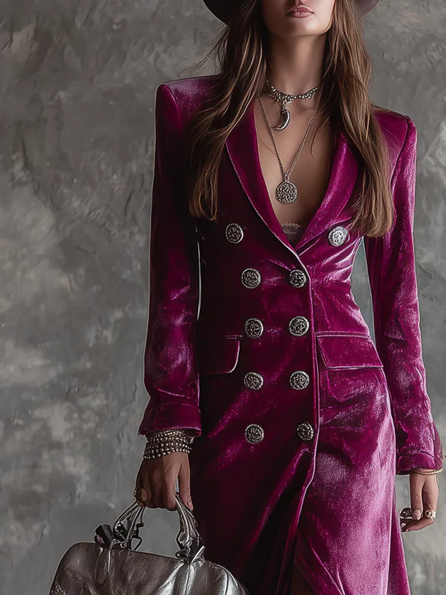 Vestido Maxi Blazer Longo de Veludo com Botões em Roxo