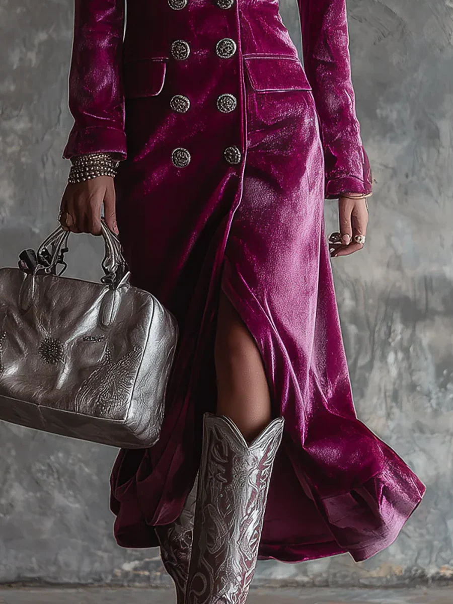 Vestido Maxi Blazer Longo de Veludo com Botões em Roxo