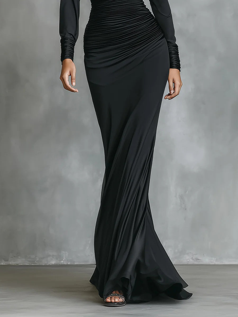 Vestido Maxi Mermaid Preto Elegante de Cetim com Um Ombro