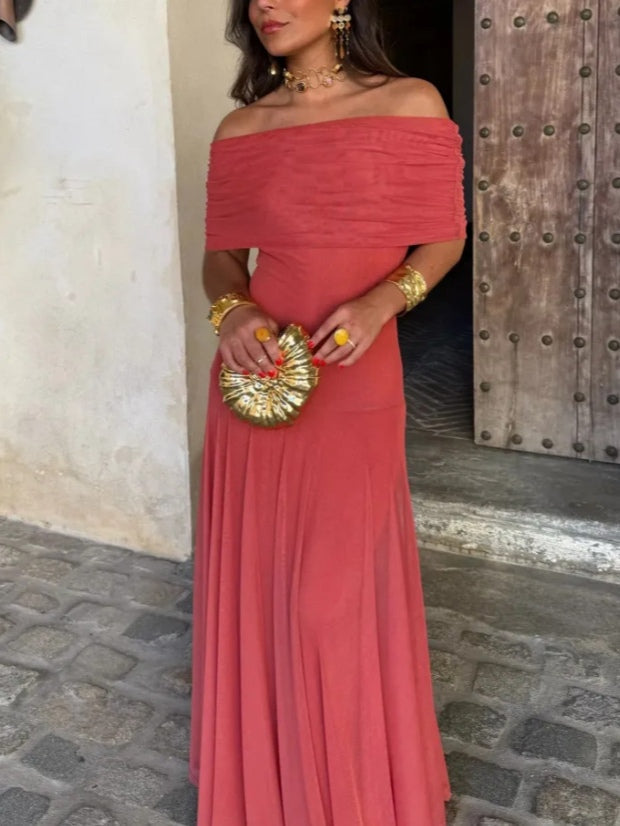 Vestido Maxi de Malha Castanho com Um Ombro