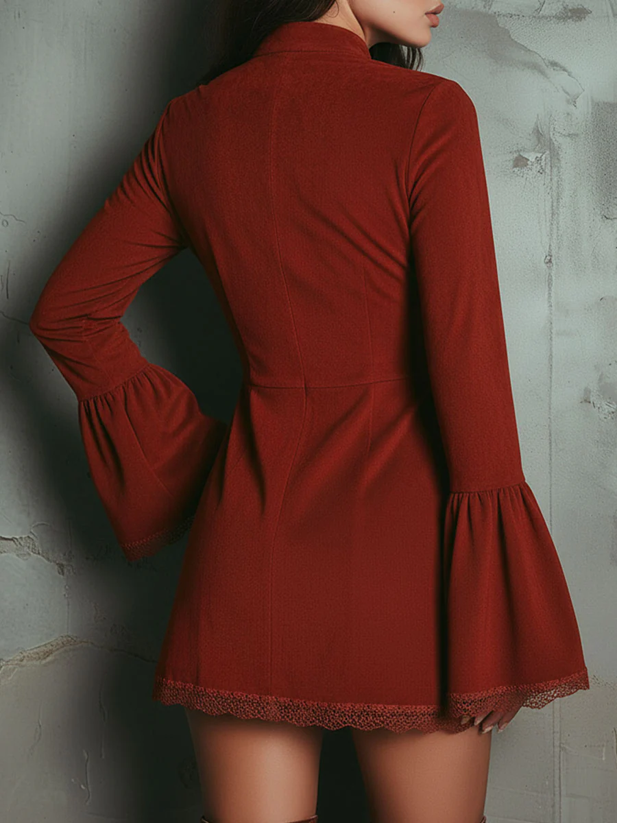 Vestido Mini de Lantejoulas em Suede Falso Vermelho Ferrugem com Mangas Sino Vintage