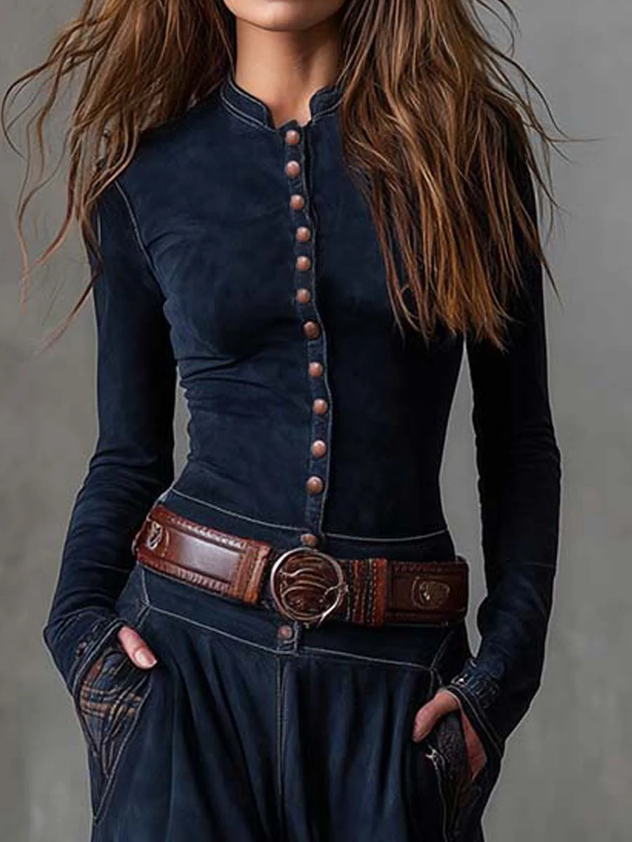 Vestido Maxi Vintage de Suede com Painéis em Xadrez Azul Marinho (com cinto)