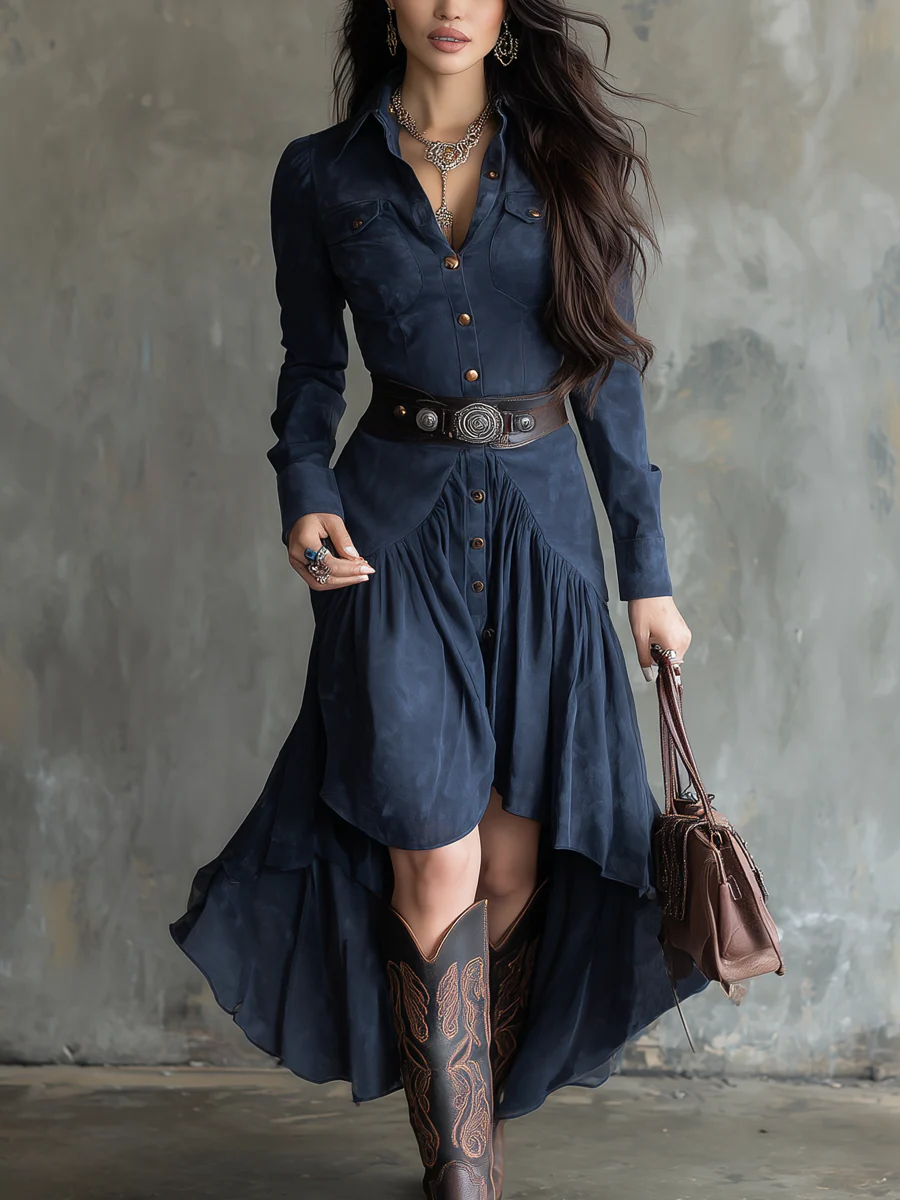 Vestido Midi Irregular de Suede Azul Retro com Botão e Bolso (Com cinto)