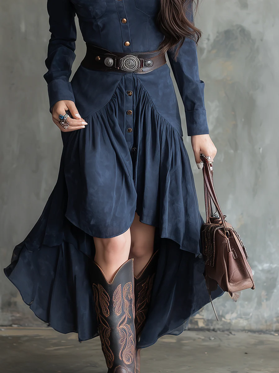 Vestido Midi Irregular de Suede Azul Retro com Botão e Bolso (Com cinto)