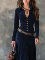 Vestido Maxi de Camurça de Poliéster com Bolso de Flap Vintage (Com cinto)