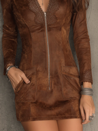 Vestido Mini de Camurça com Renda Caramelo Vintage e Fecho Frontal